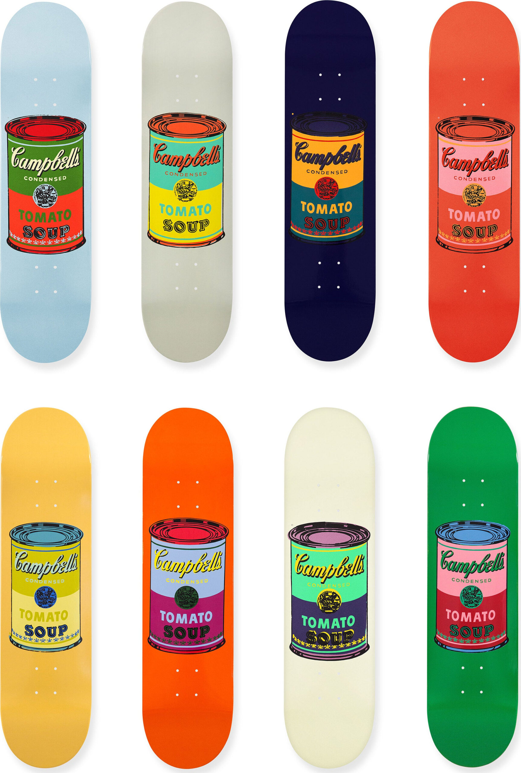 Andy Warhol: Skateboard Colored Campbell’s Soup Cans Set of 8