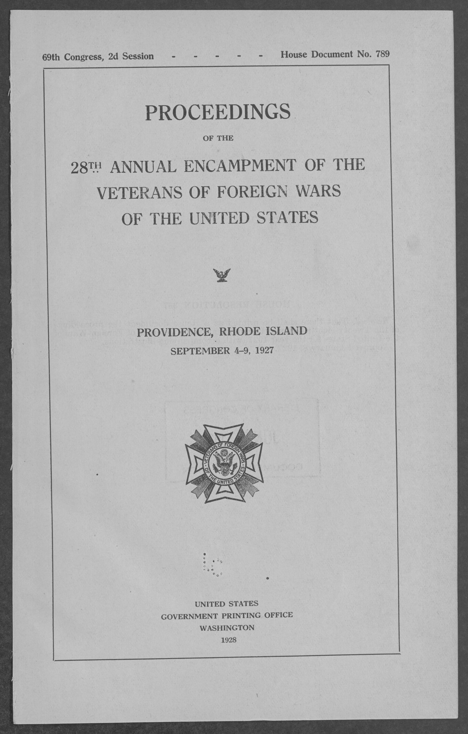 Proceedings of the 28th annual encampment of the Veterans of Foreign Wars of the United States. Providence, Rhode Island. September 4-9, 1927 cover
